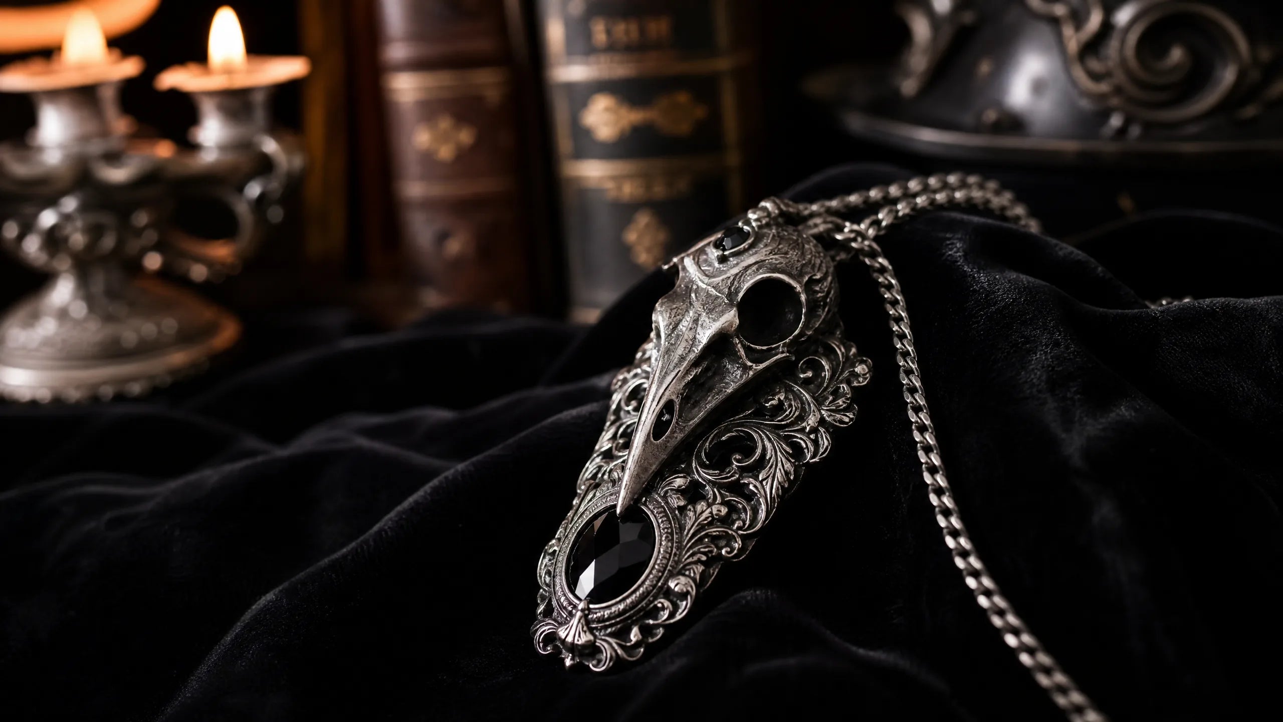 Gothic fine jewelry displayed in shadow, the Goth Jewel Vault hero banner